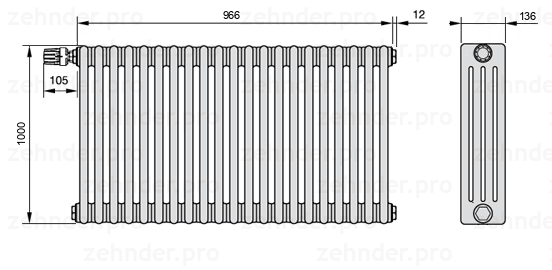 Схема (чертеж) Радиатор Zehnder Charleston 4100/21 №V011 Белый глянцевый RAL 9016